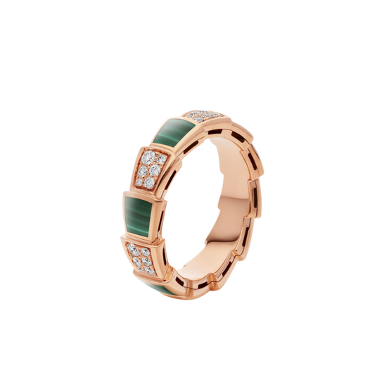 [Baslove]SERPENTI RING PINK GOLD MALACHITE DIAMOND PAVED 4MM