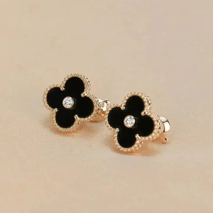 [Baslove]CLOVER MEDIUM 1 MOTIFS ONYX DIAMOND EARRINGS