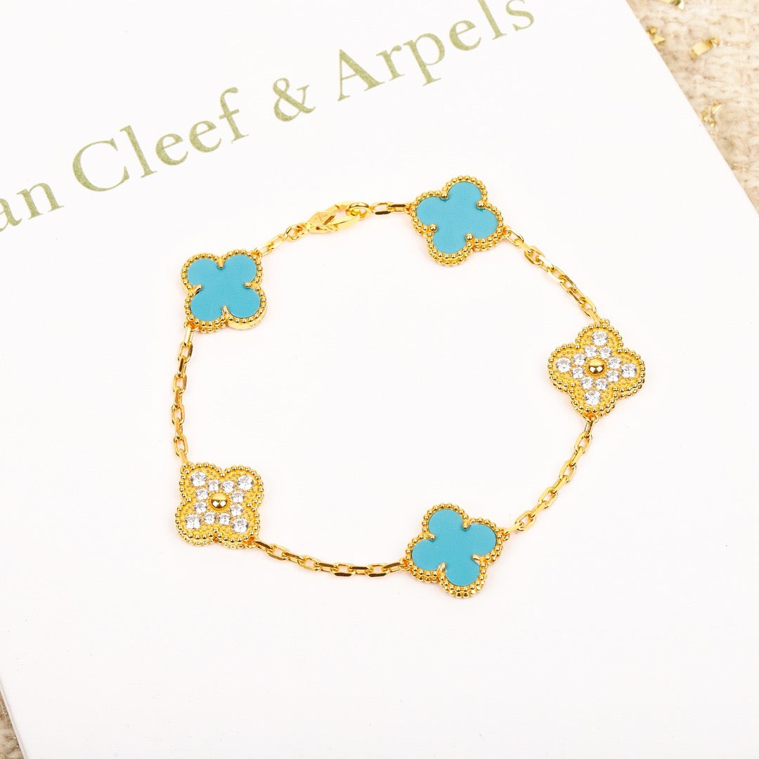 [Baslove]CLOVER 5 MOTIF TURQUOISE DIAMOND GOLD BRACELET