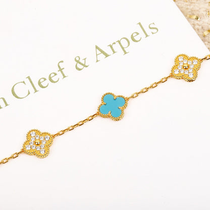 [Baslove]CLOVER 5 MOTIF TURQUOISE DIAMOND GOLD BRACELET