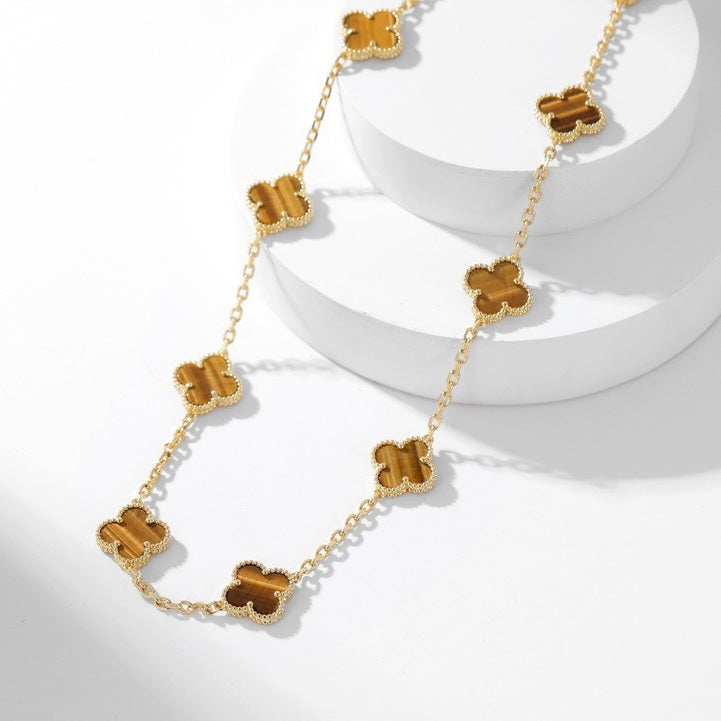 [Baslove]CLOVER 10 MOTIFS TIGER EYE NECKLACE