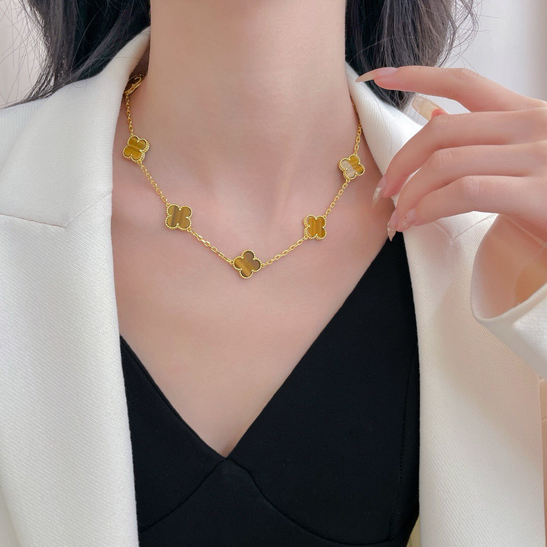 [Baslove]CLOVER 10 MOTIFS TIGER EYE NECKLACE