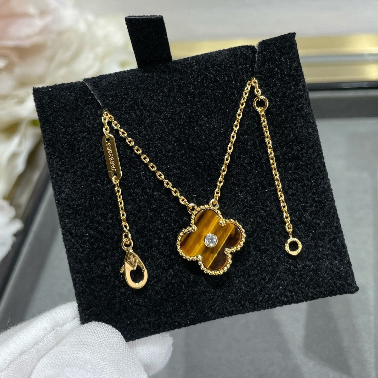 [Baslove]CLOVER 15MM DIAMOND AND YELLOW TIGER'S EYE AGATE necklace