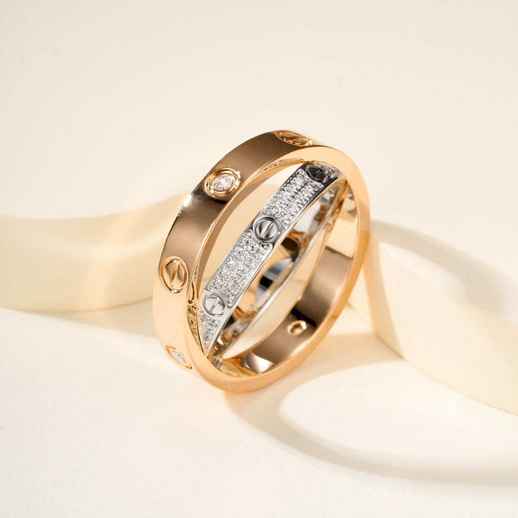 [AURORA]LOVE PINK GOLD SILVER DIAMOND DOUBLE RING