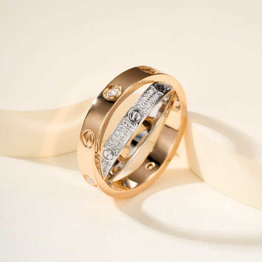 [AURORA]LOVE PINK GOLD SILVER DIAMOND DOUBLE RING