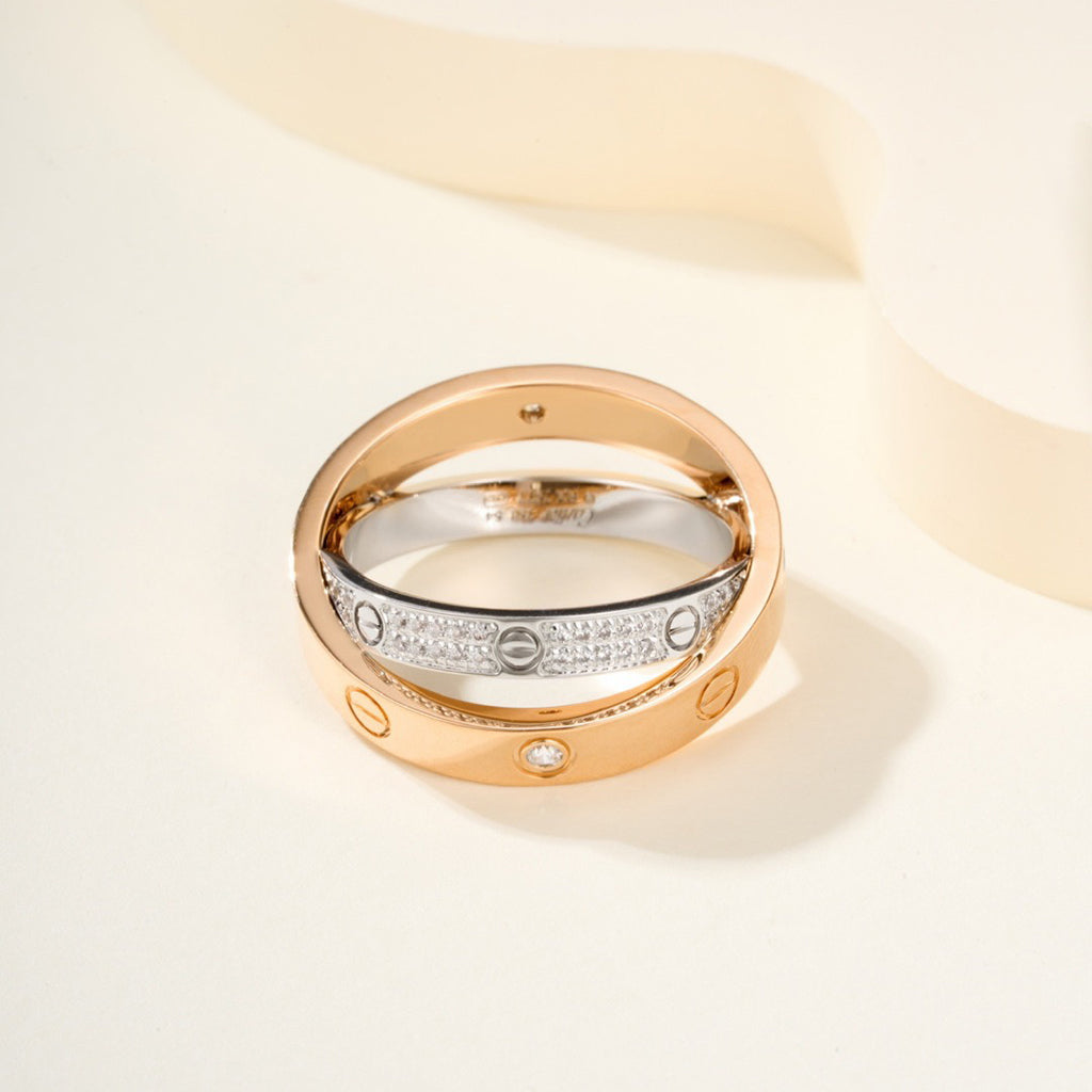 [AURORA]LOVE PINK GOLD SILVER DIAMOND DOUBLE RING