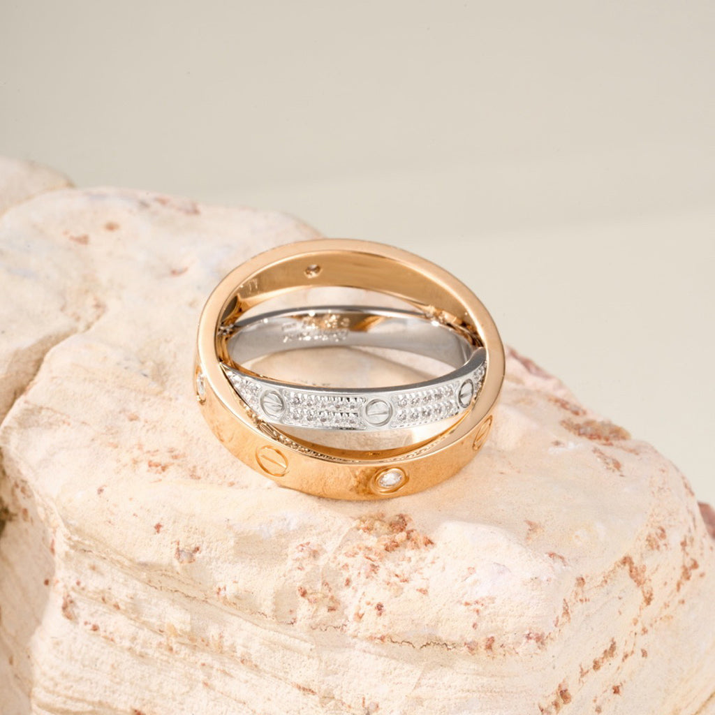 [AURORA]LOVE PINK GOLD SILVER DIAMOND DOUBLE RING