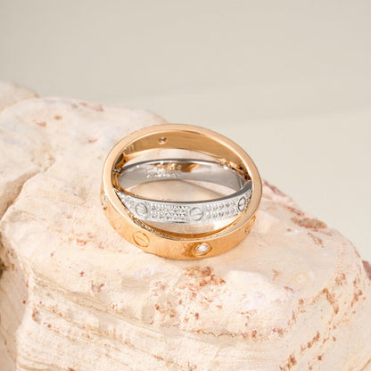 [AURORA]LOVE PINK GOLD SILVER DIAMOND DOUBLE RING