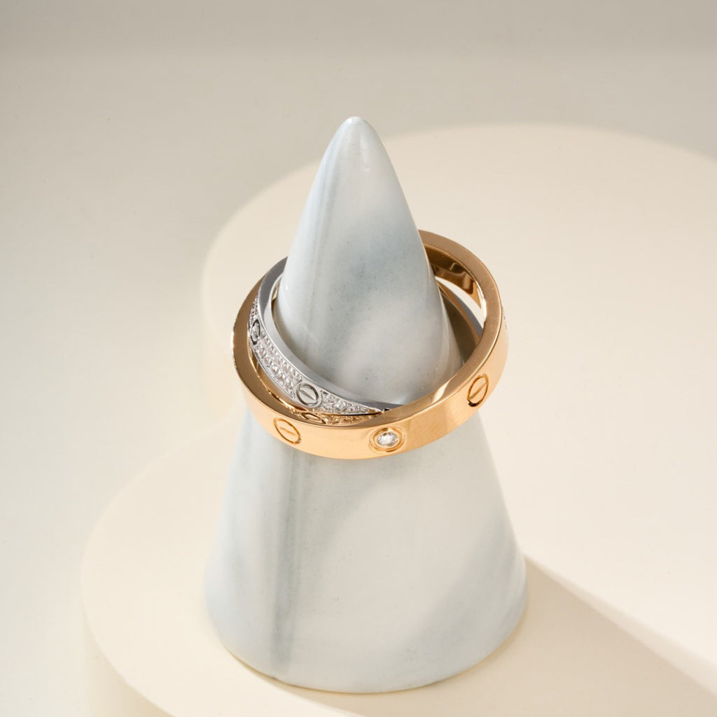[AURORA]LOVE PINK GOLD SILVER DIAMOND DOUBLE RING