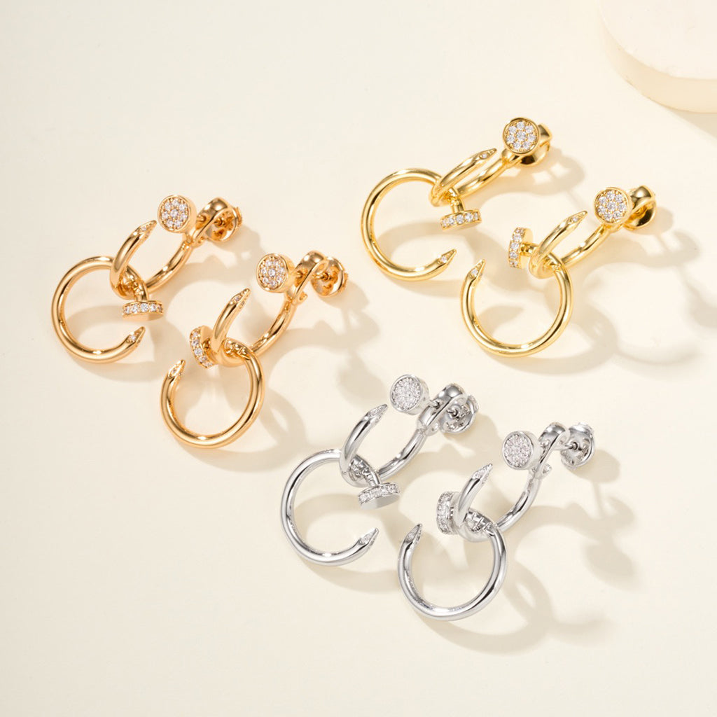 [AURORA]JUSTE HALF DIAMOND DOUBLE EARRINGS