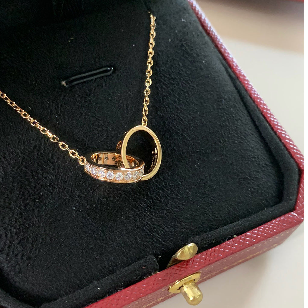 [AURORA]LOVE DOUBLE RING HALF DIAMOND NECKLACE
