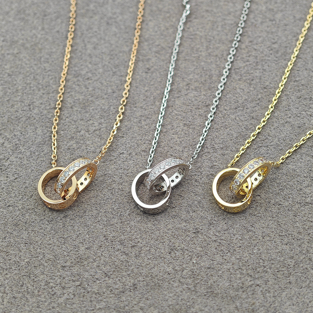 [AURORA]LOVE DOUBLE RING HALF DIAMOND NECKLACE