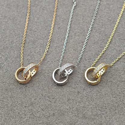 [AURORA]LOVE DOUBLE RING HALF DIAMOND NECKLACE