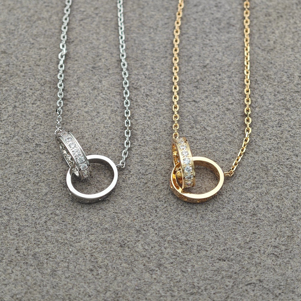 [AURORA]LOVE DOUBLE RING HALF DIAMOND NECKLACE