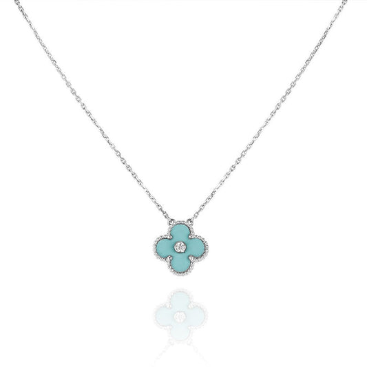 [Baslove]CLOVER 1 DIAMOND LIGHT BLUE SILVER NECKLACE