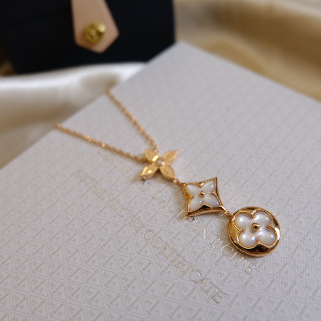 [Baslove]COLOR BLOSSOM LARIAT NECKLACE PINK GOLD WHITE MOTHER PEARL AND DIAMOND