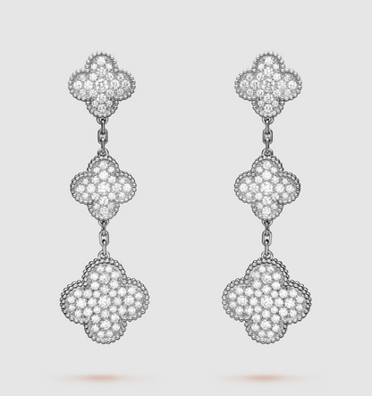 [Baslove]CLOVER 3 MOTIF DIAMOND SILVER DROP EARRINGS