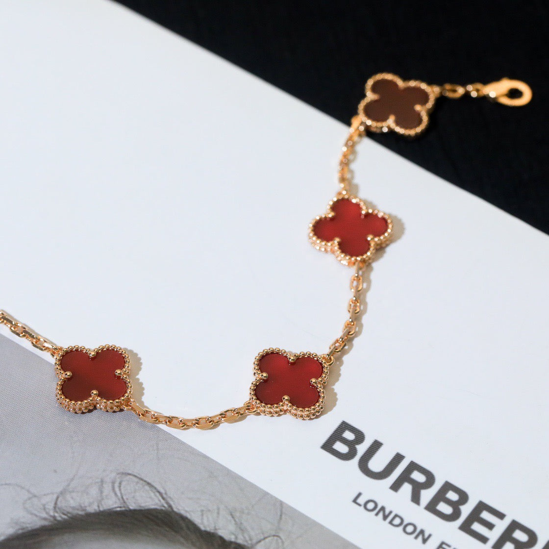 [Baslove]CLOVER 5 MOTIFS RED AGATE  BRACELET