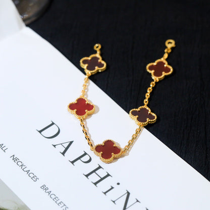 [Baslove]CLOVER 5 MOTIFS RED AGATE  BRACELET