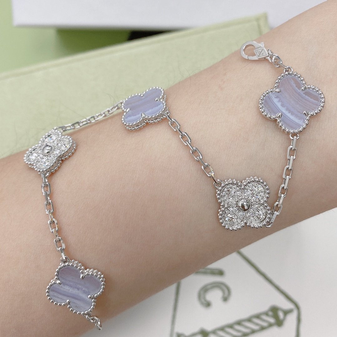 [Baslove]CLOVER  5 MOTIF DIAMOND PURPLE CHALCEDONY BRACELET SILVER