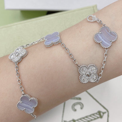 [baslovejewels]CLOVER  5 MOTIF DIAMOND PURPLE CHALCEDONY BRACELET SILVER