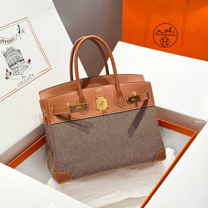 QUADRILLE BIRKIN 30CM IN GOLD SWIFT CALFSKIN AND BLACK/WHITE/BROWN TOILE CANVAS