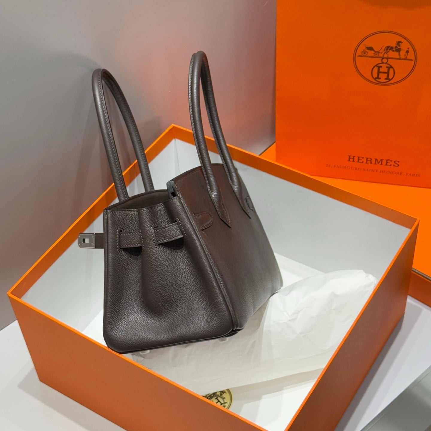 HERMES 25S SHOULDER BIRKIN 29 IN CHARCOAL BROWN CALFSKIN SILVER HARDWARE