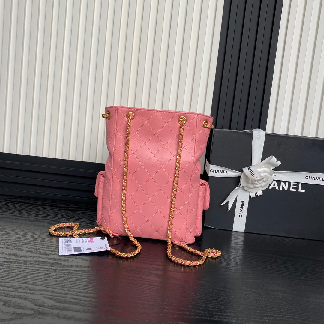 CRUISE DRAWSTRING BACKPACK 24 IN PINK LAMBSKIN GOLD-TONE METALLIC