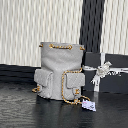CRUISE DRAWSTRING BACKPACK 24 IN GREY LAMBSKIN GOLD-TONE METALLIC