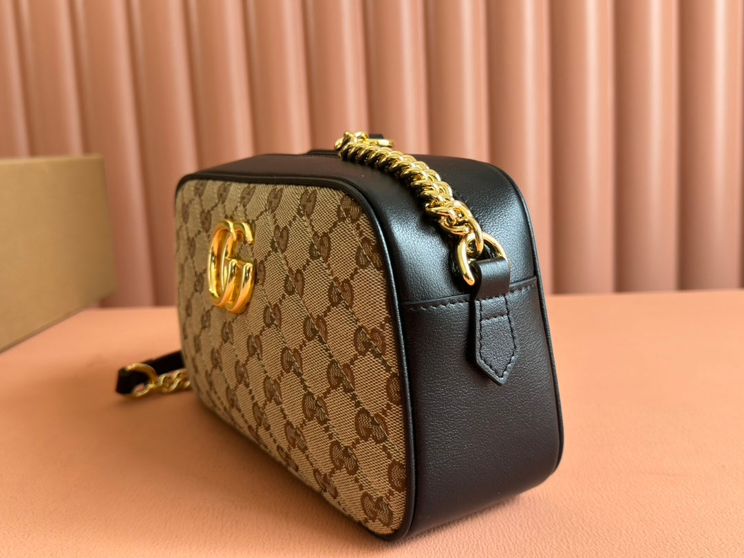 MARMONT MEDIUM SHOULDER BAG 24 IN BEIGE AND BROWN GG CANVAS BLACK CALFSKIN
