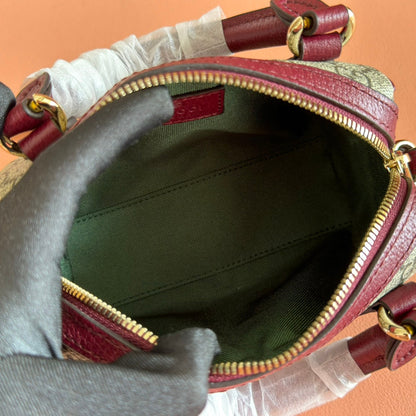 GUCCI 25S OPHIDIA MINI BOSTON BAG 16 IN BEIGE CANVAS AND ROSSO ANCORA CALFSKIN