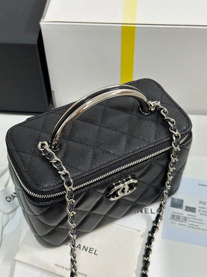 MINI VANITY TOP HANDLE CASE 17 IN BLACK CAVIAR SKIN SILVER-TONE PLATED METAL