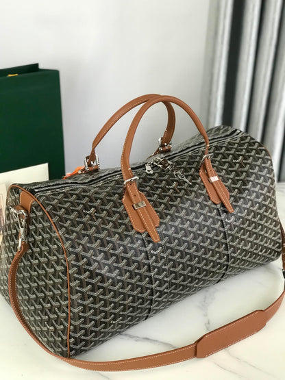 BOSTON 50 BAG IN BLACK GOYARDINE CANVAS AND TAN CALFSKIN TRIM