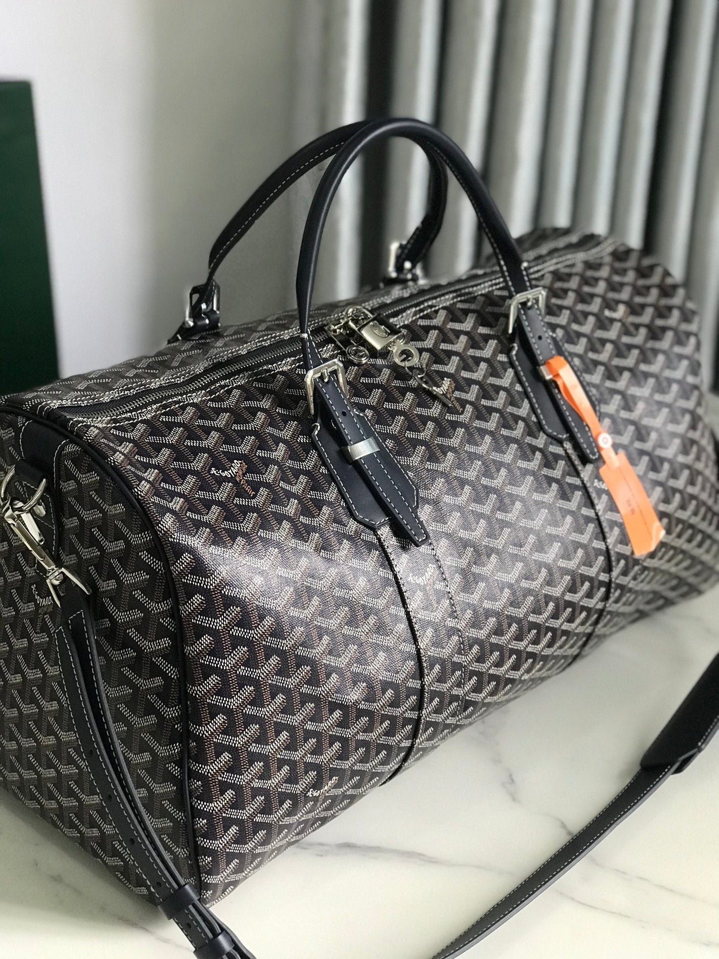 BOSTON 50 BAG IN NAVY BLUE GOYARDINE CANVAS AND CALFSKIN TRIM
