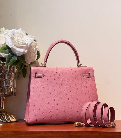 KELLY SELLIER 25 BAG IN SALMON PINK OSTRICH LEATHER WITH GOLD HARDWARE (MADE-TO-ODER)