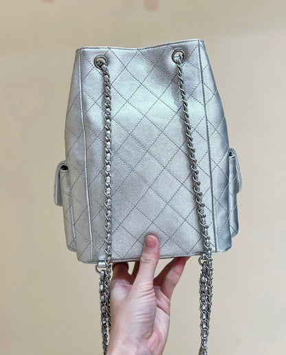 DRAWSTRING BUCKET BACKPACK 24 IN SILVER-TONE LAMBSKIN SILVER HARDWARE