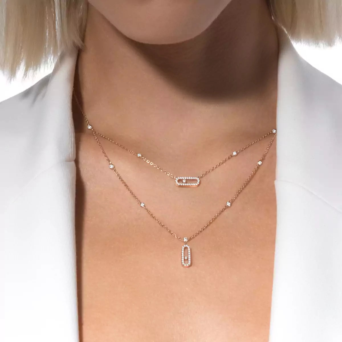 [AURORA]2 Rows Rose Gold Diamond Pave_ Necklace Move Uno