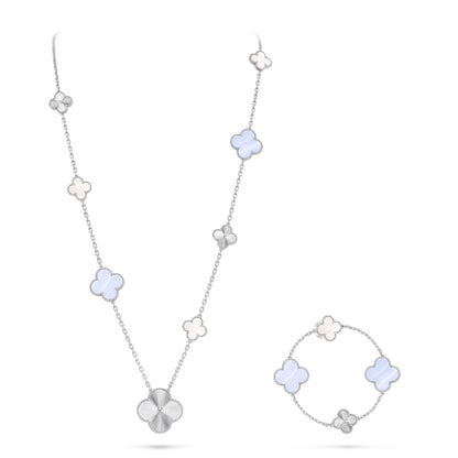 [AURORA]DETACHABLE CLOVER 15(11+4) FLOWER SILVER NECKLACE SET