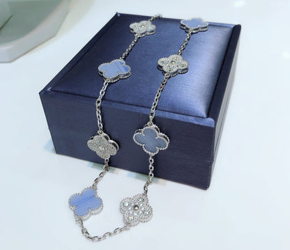 [Baslove]CLOVER 10 MOTIFS CHALCEDONY DIAMONDS SILVER NECKLACE