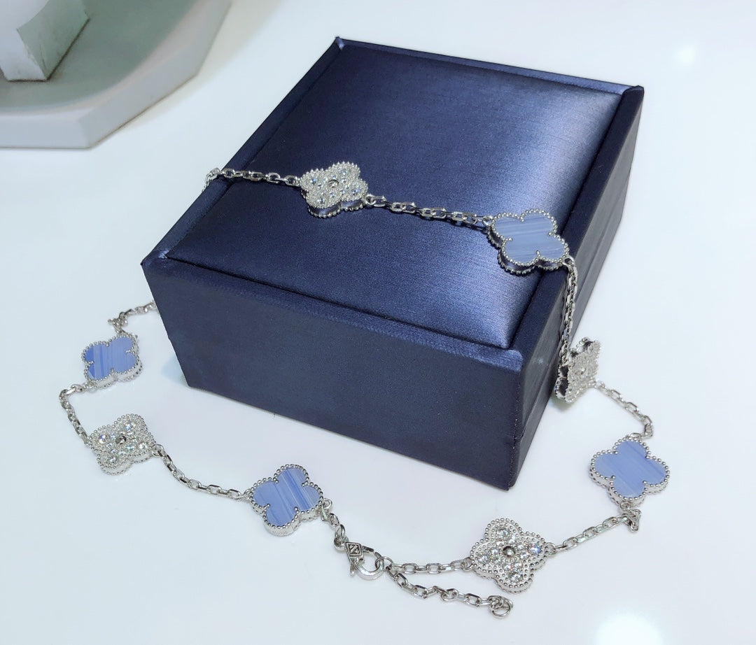 [Baslove]CLOVER 10 MOTIFS CHALCEDONY DIAMONDS SILVER NECKLACE