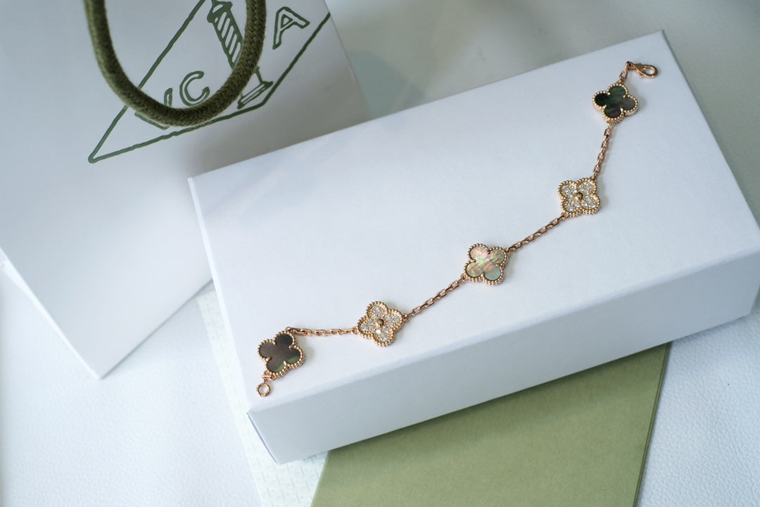 [Baslove]CLOVER 5 MOTIFS DARK MOP AND DIAMONDS PINK GOLD BRACELET