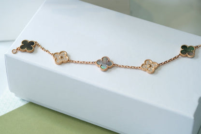 [Baslove]CLOVER 5 MOTIFS DARK MOP AND DIAMONDS PINK GOLD BRACELET