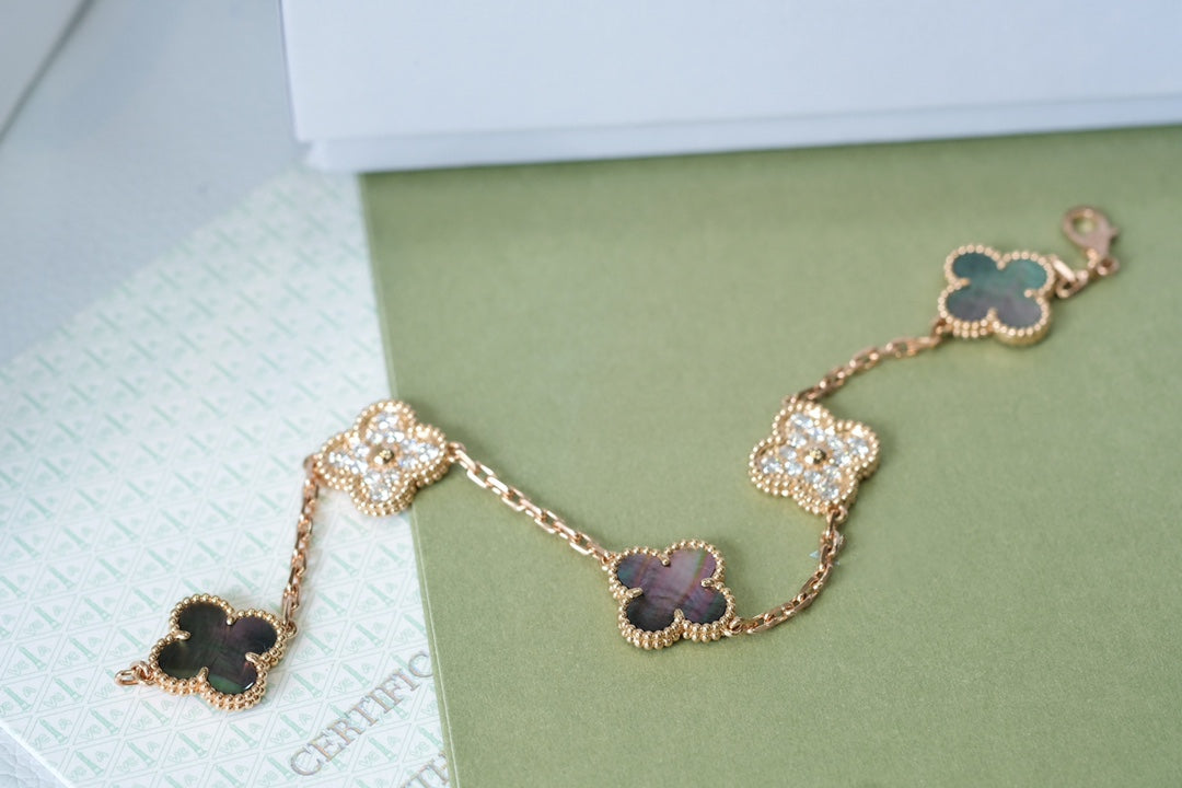 [Baslove]CLOVER 5 MOTIFS DARK MOP AND DIAMONDS PINK GOLD BRACELET