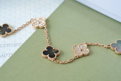 [Baslove]CLOVER 5 MOTIFS DARK MOP AND DIAMONDS PINK GOLD BRACELET